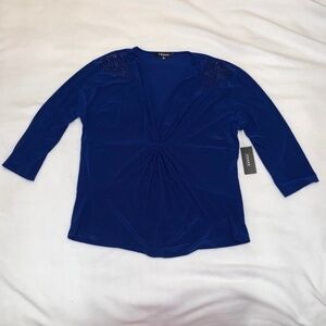 New Chaus Blue Blouse Rhinestone V-Neck Scrunch 3/4 Sleeve Sz XL 161646